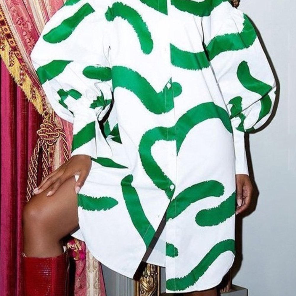 Women’s Green & White Long Sleeve Shirt Dress - Picture 2 of 2
